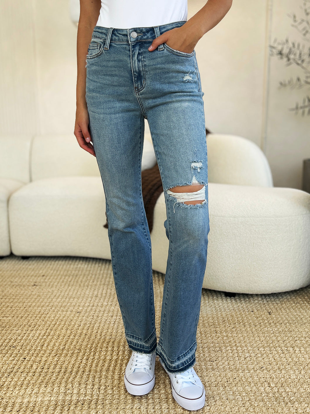 Cozy Full Size Mid Rise Destroyed Hem Distressed Jeans