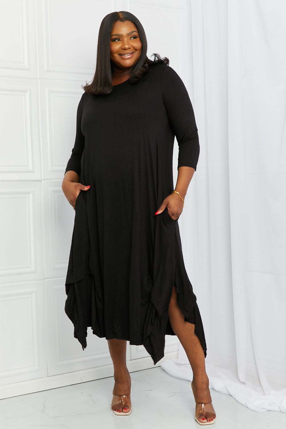 Full Size Pick-up Hem Asymmetric Midi Dress