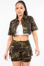 Load image into Gallery viewer, American Baddi Full Size Camouflage Short Sleeve Cropped Jacket
